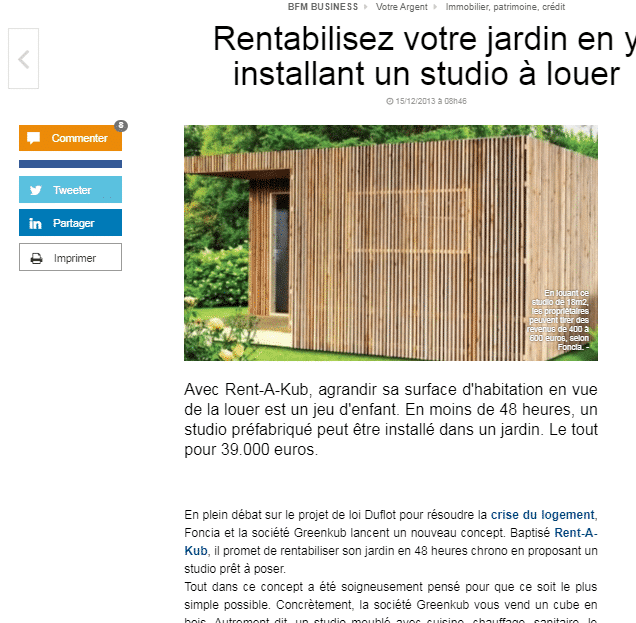 Capture d'écran de l'article de BFM sur Greenkub Bfm foncia et Greenkub