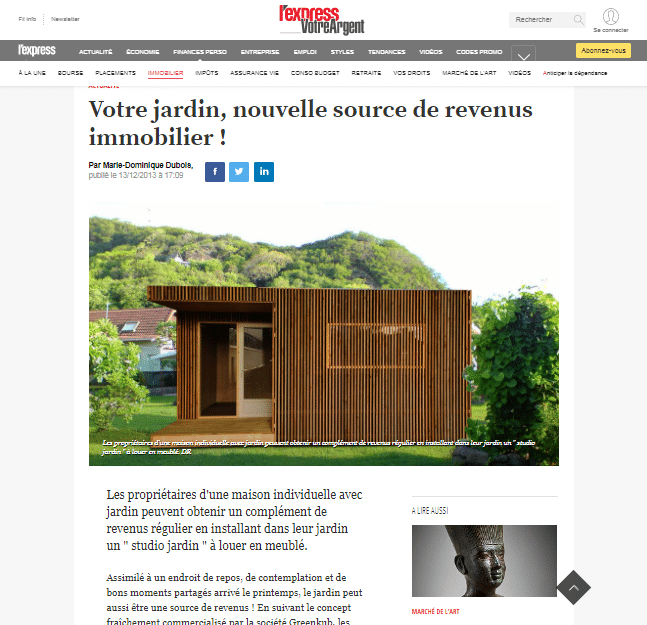 Capture d'écran de l'article dans l'express sur Greenkub Article l'express sur Greenkub
