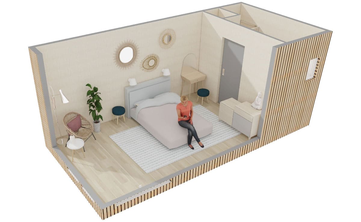 Vue traversante d'un studio de jardin en bois de 15 à 20m² Greenkub Aménagement d'une chambre d'amis pour deux personnes