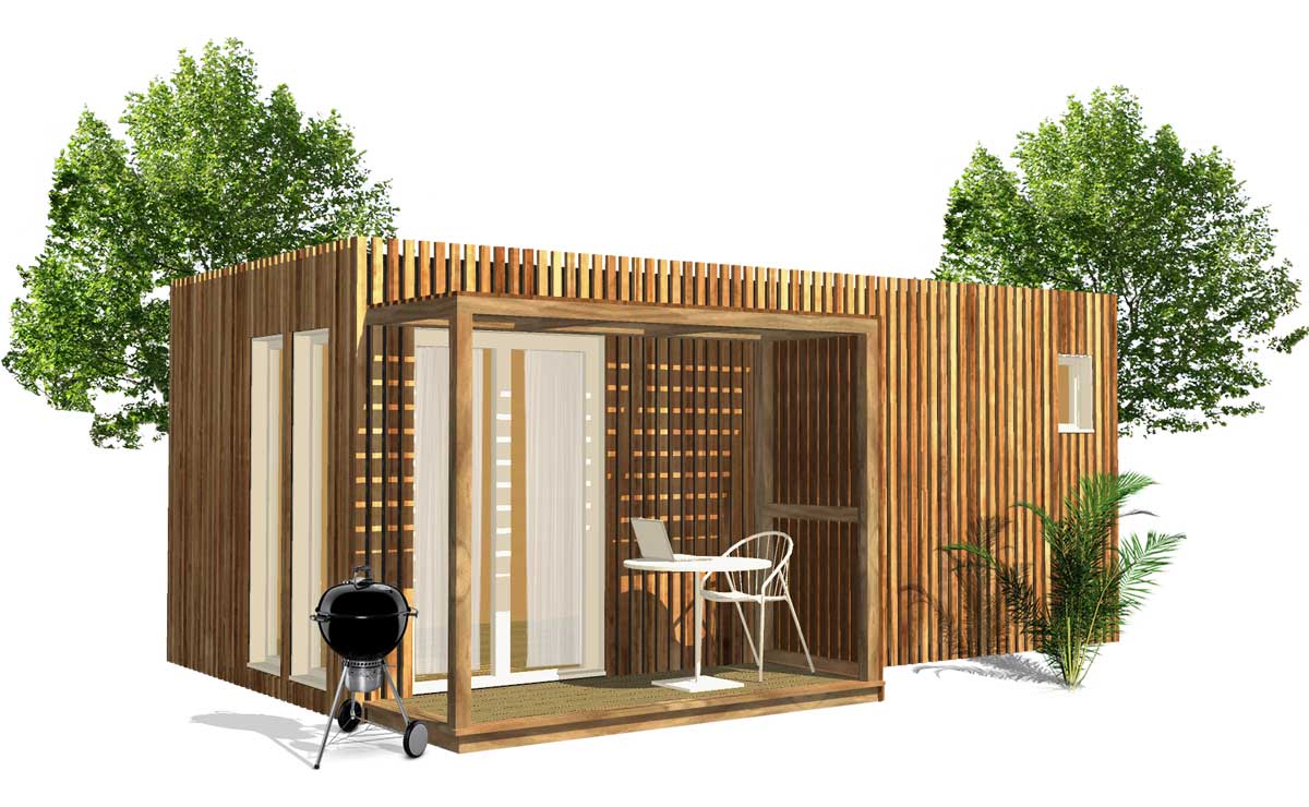 Model 3D d'un studio servant de chambre d'hôte pour 2 personnes Greenkub Studio de jardin de 15 ou 20 mètres carrés