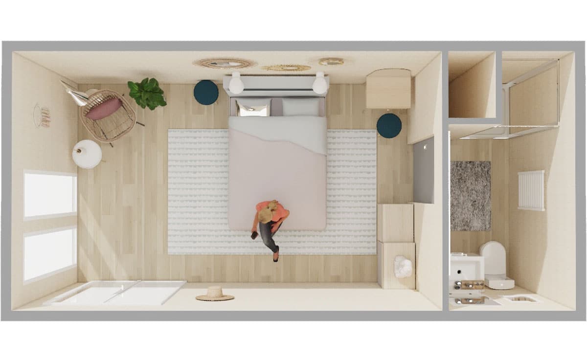 Vue 3D de l'intérieur aménagé d'un studio de jardin en bois de 15 à 20m2 Greenkub Studio de jardin en bois de 15 à 20m2 Greenkub - Chambre