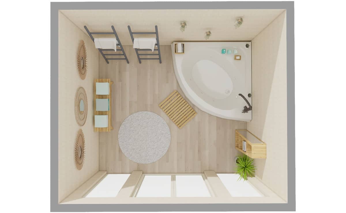 Vue 3D de l'intérieur d'une salle de bien être en bois Greenkub Studio de jardin en bois : Salle de bien être