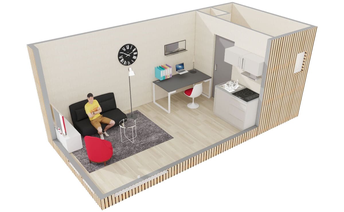 Vue traversante d'un studio de jardin en bois pour location étudiante Greenkub Studio de jardin en bois : Location étudiante