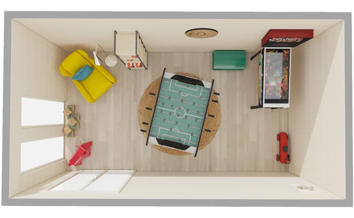 Vue 3D de l'intérieur d'une salle de jeu en bois aménagée Greenkub Studio de jardin en bois : Salle de jeux