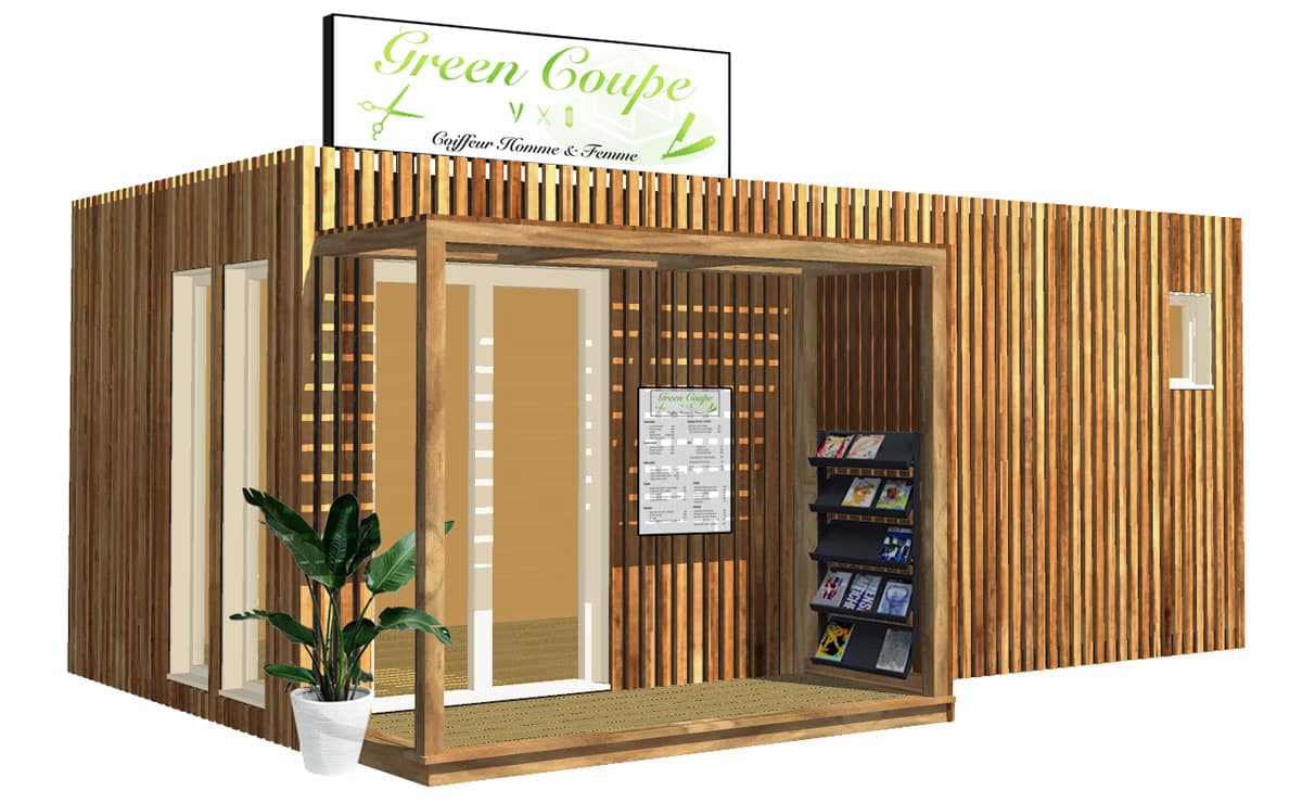 Model 3D d'un local professionnel d'artisan dans un studio de jardin Greenkub : Salon de coiffure Local professionnel : salon de coiffure, artisans, boutique