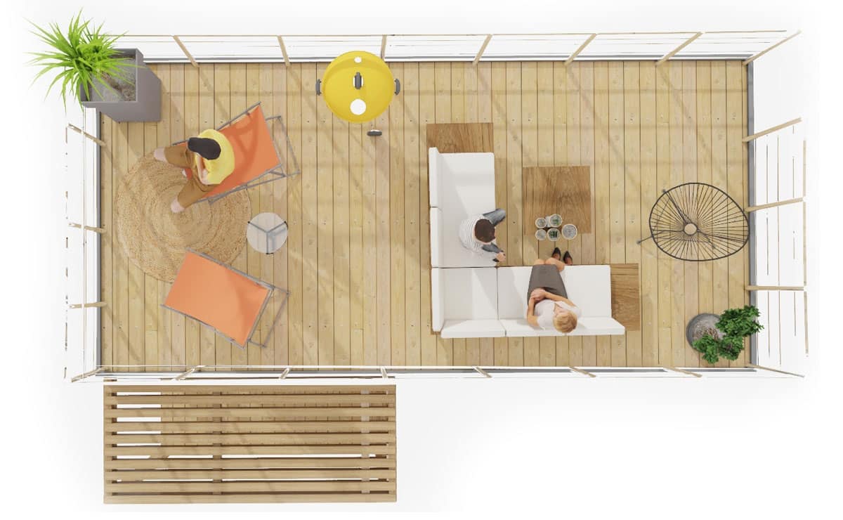 Vue en 3D du toit terrasse Summerkub pour les studios de jardin Greenkub Toit terrasse Summerkub sur un studio de jardin en bois Greenkub