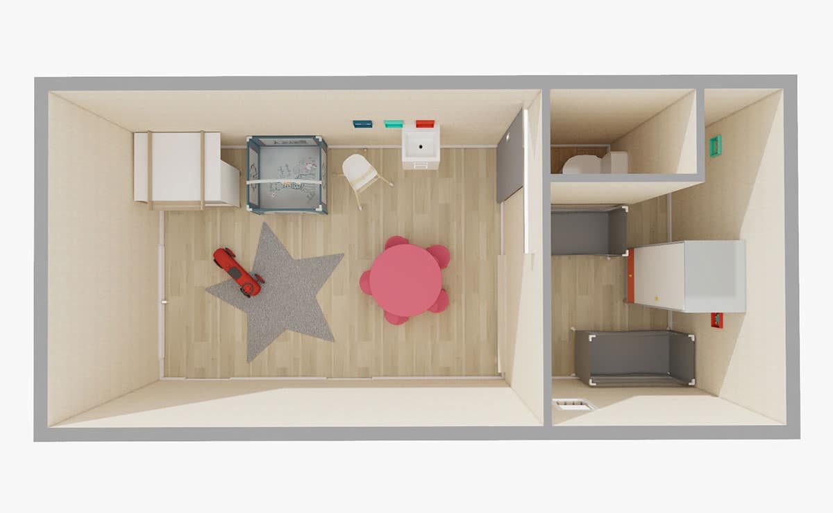 Intérieur en 3D d'une micro-crèche Greenkub Micro-crèche : vue de haut