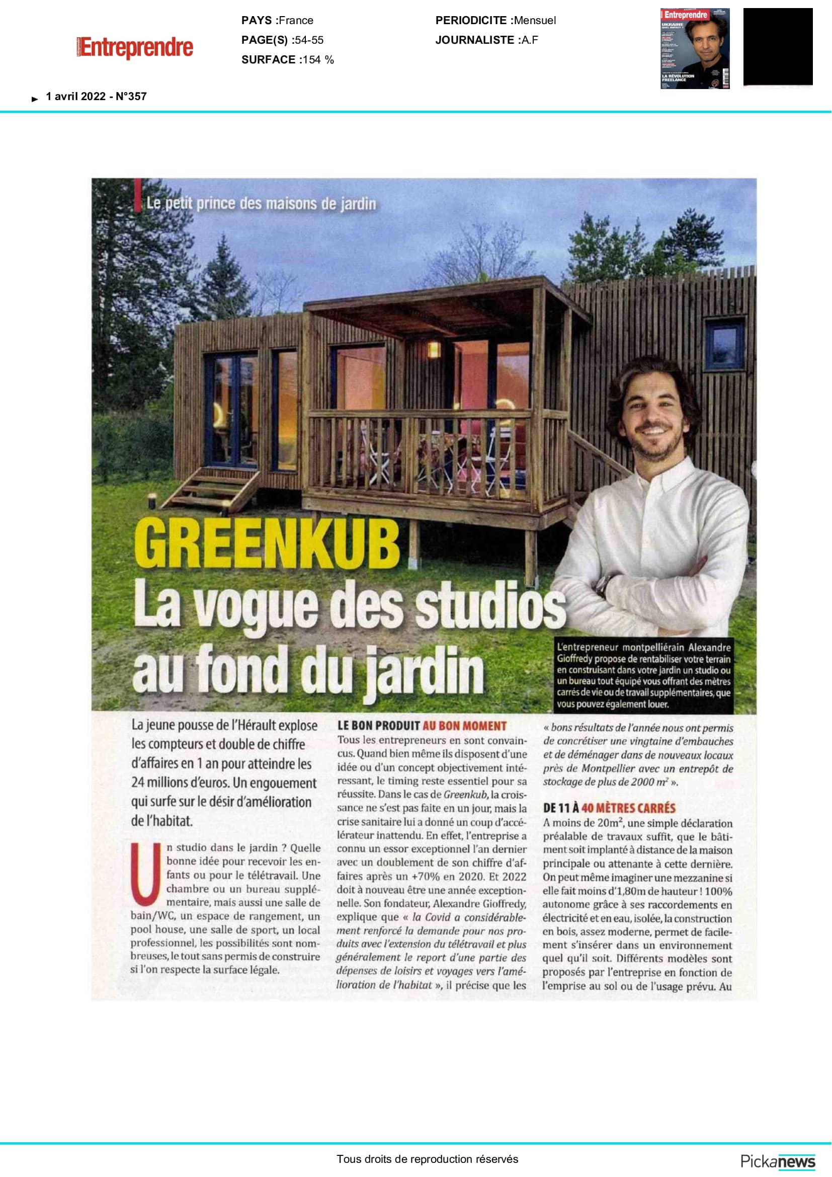 Entreprendre-presse-studio Article de presse Entreprendre sur le studio Greenkub