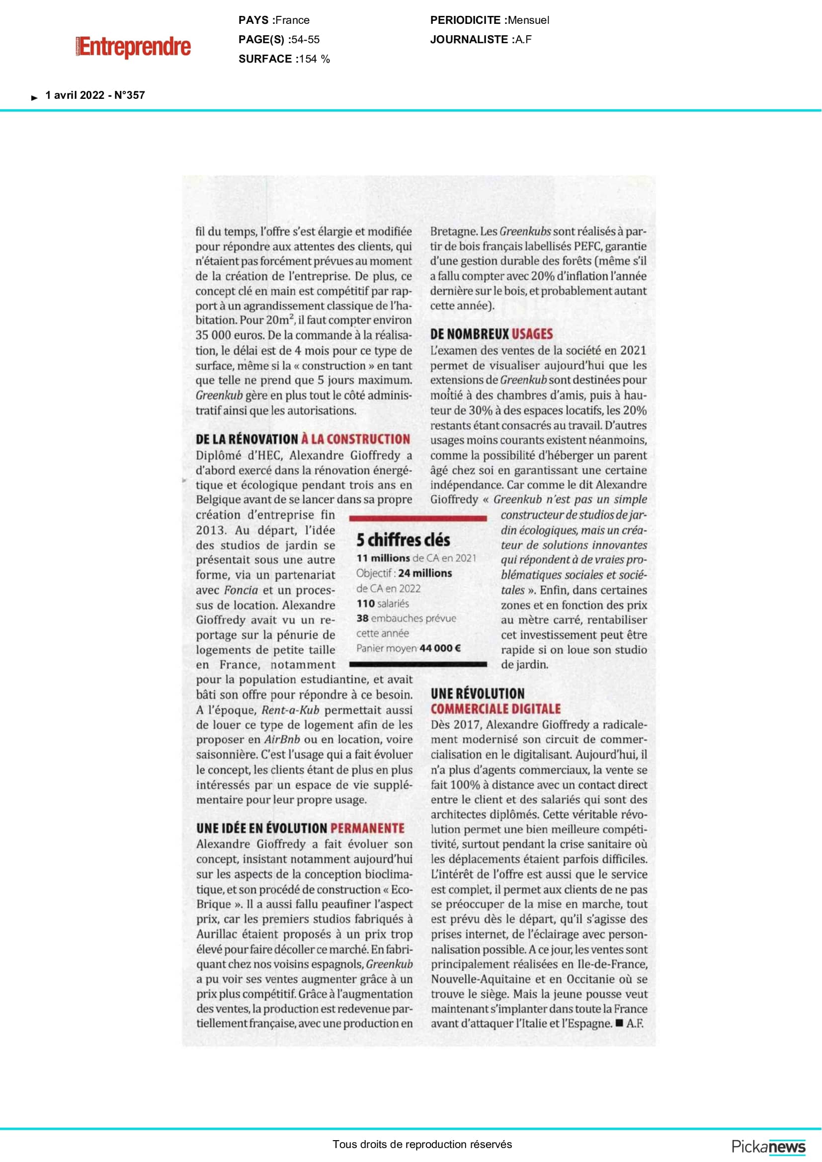 Entreprendre-Greenkub-presse Article de presse Entreprendre Greenkub