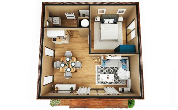 Vue d'une maison de jardin cube de 40m2 de haut tout équipé