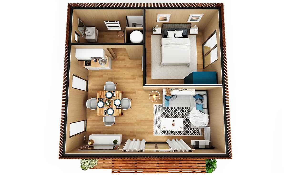 top-maison-cube-equipe Vue d'une maison de jardin cube de 40m2 de haut tout équipé
