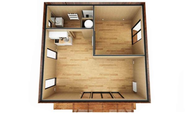 Vue d'une maison de jardin cube de 40m2 de haut vide