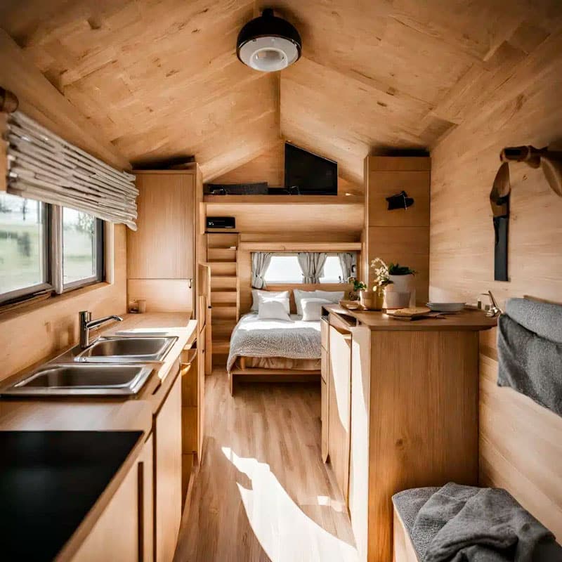 Intérieur d'un mobil home en bois