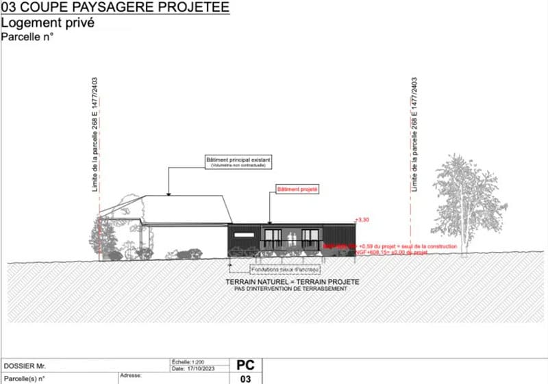 Coupe paysagère projetée d'un permis de construire