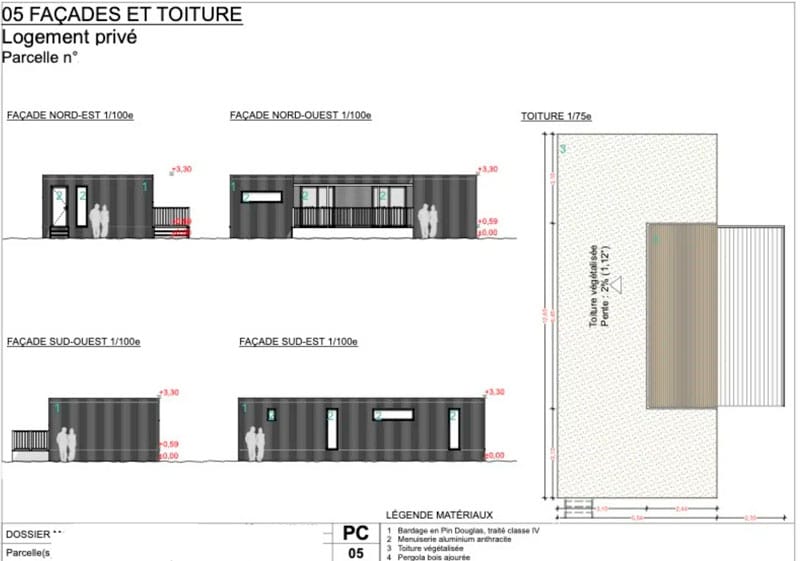 Facades et toiture d'un dossier de permis de construire