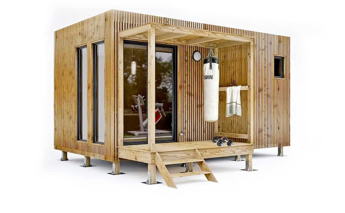 vue-3D-profil-studio-salle-sport-15m2 Vue 3D de profil d'un studio salle de sport de 15 m²