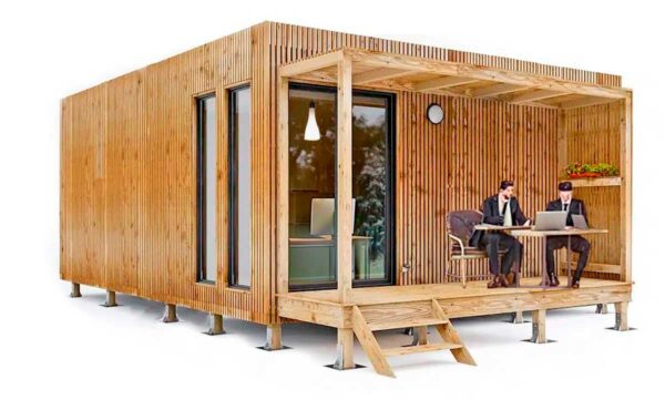 Vue 3D de profil d'un bureau de jardin de 30 m² en cube