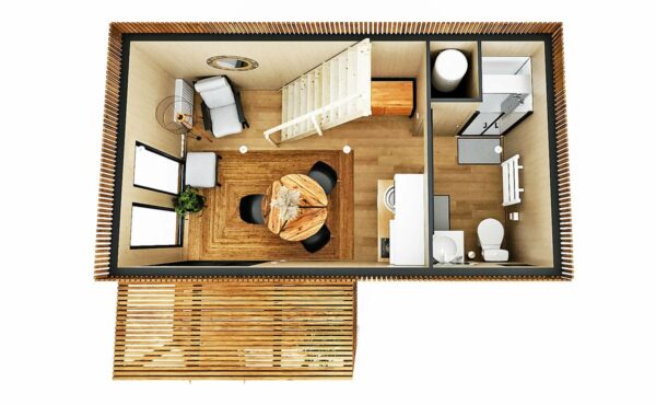 Aménagement intérieur d'un bureau de jardin de 25m2 avec mézzanine