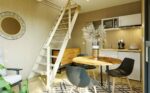 Aménagement intérieur d'un bureau de jardin avec mezzanine