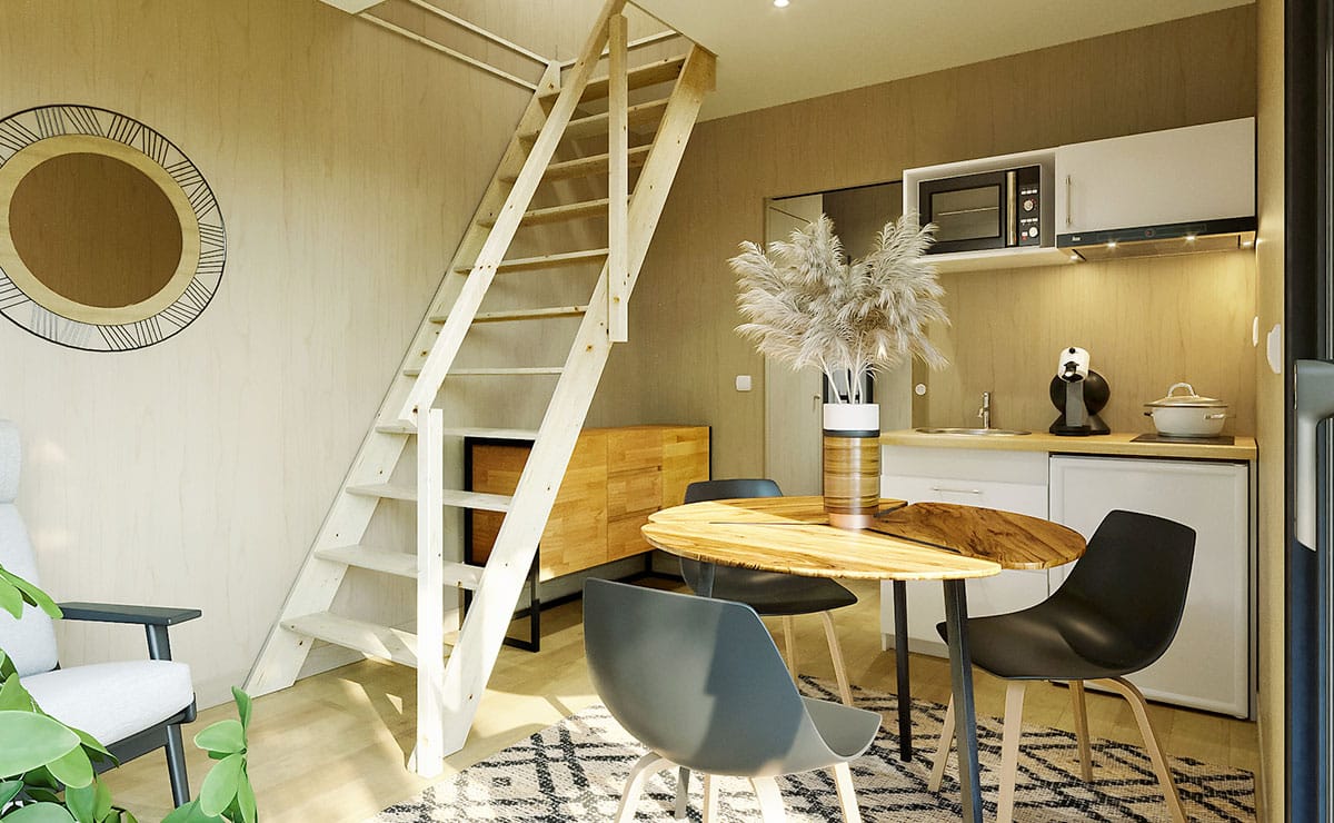 usage-gk25m-salon.jpg Aménagement intérieur d'un bureau de jardin avec mezzanine