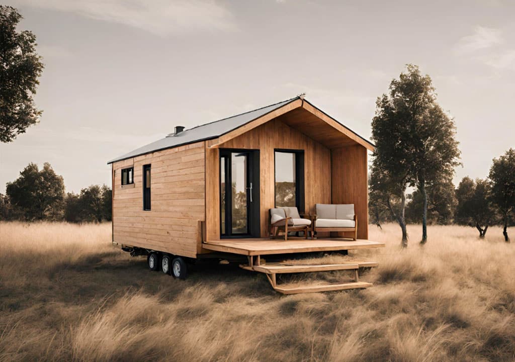 Un mobil home en bois dans un champ