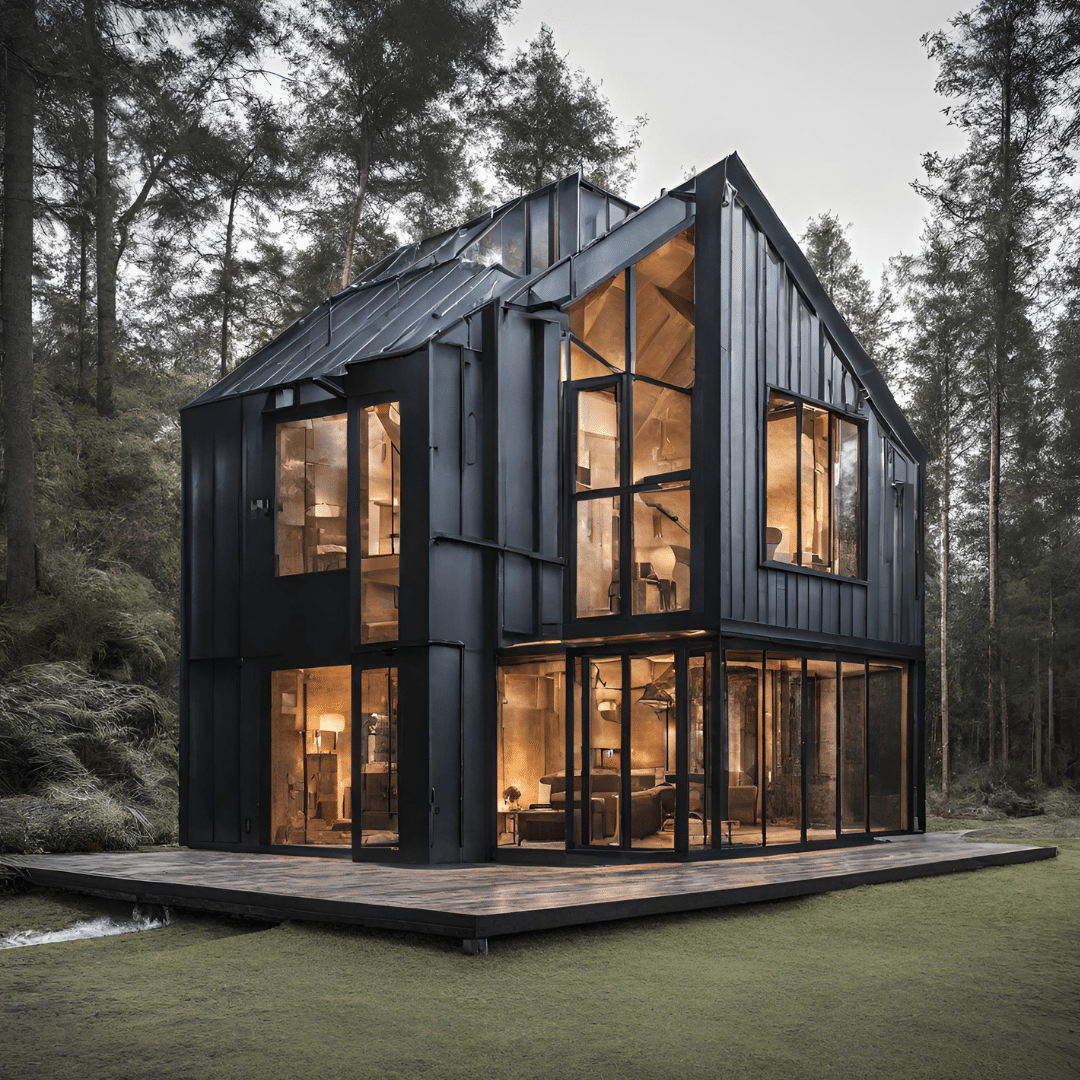 Une maison à ossature métallique dans une forêt